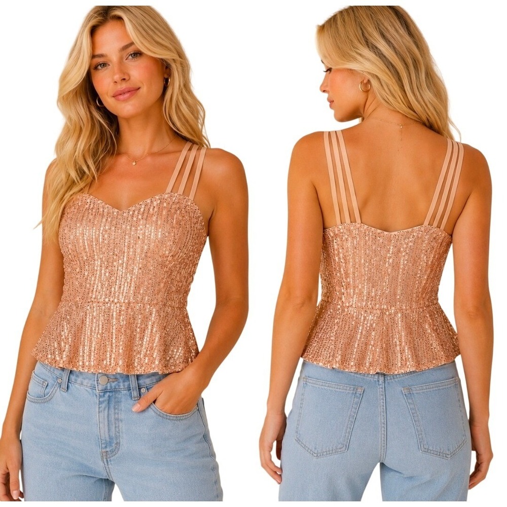 Grace Karin Small Sequin‎ Peplum Top Womens Rose Gold Glam Party Sweetheart Neck